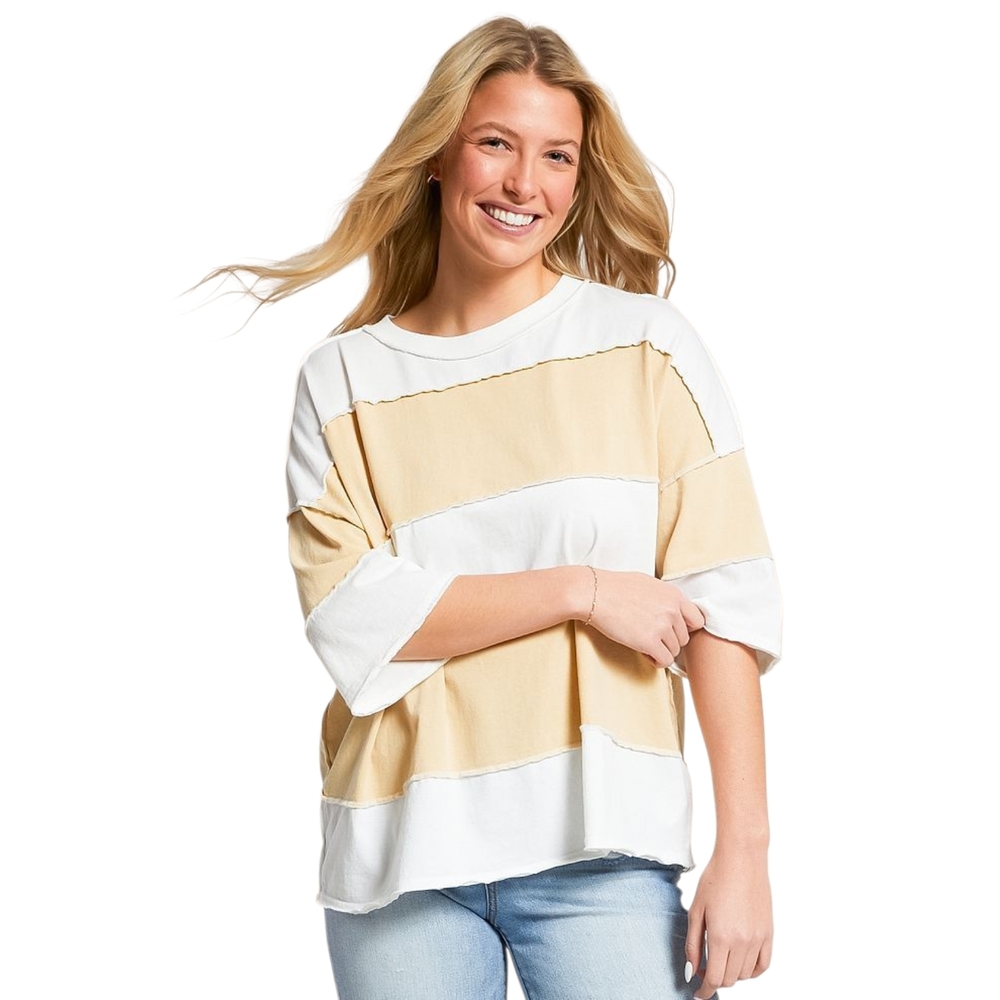Free People Maddie Tee Sand White Stripe Oversized Coastal Cotton L NWOT